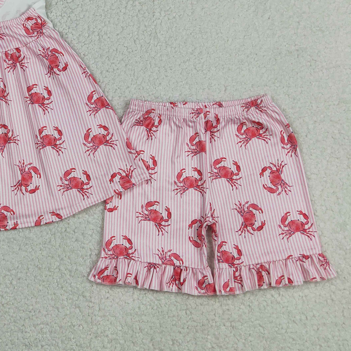 RTS NO MOQ GSSO3066 Baby Girls Cute Flutter Sleeve Pink Crab Stripe Tunic Ruffle Shorts