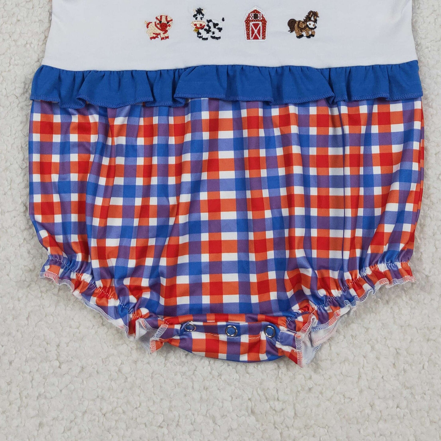 RTS NO MOQ milk silk SR3835 Baby Girls Farm Animal Embroidery Red Blue Checked Ruffle Rompers