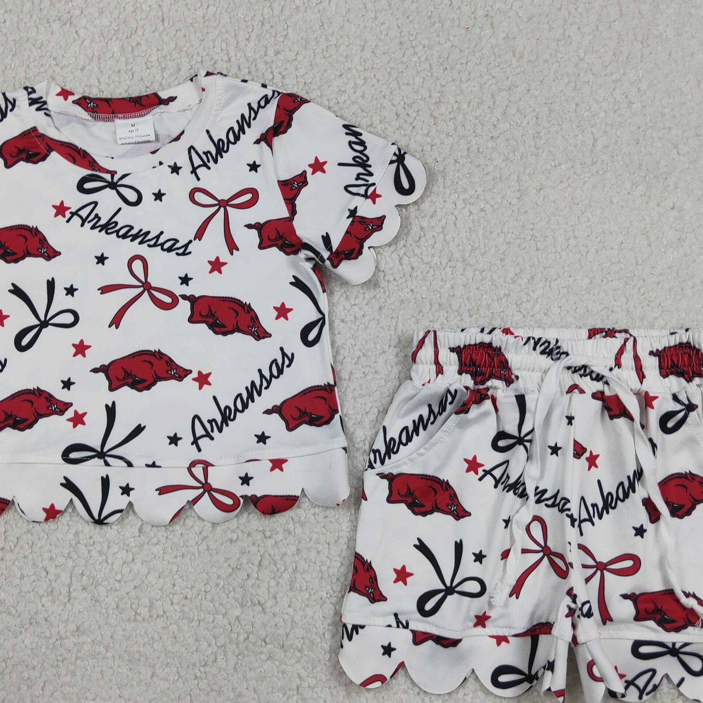 RTS NO MOQ milk silk GSSO3254 Baby Girls Star Bows Top With Pockets Shorts Team Scallop Clothes Set