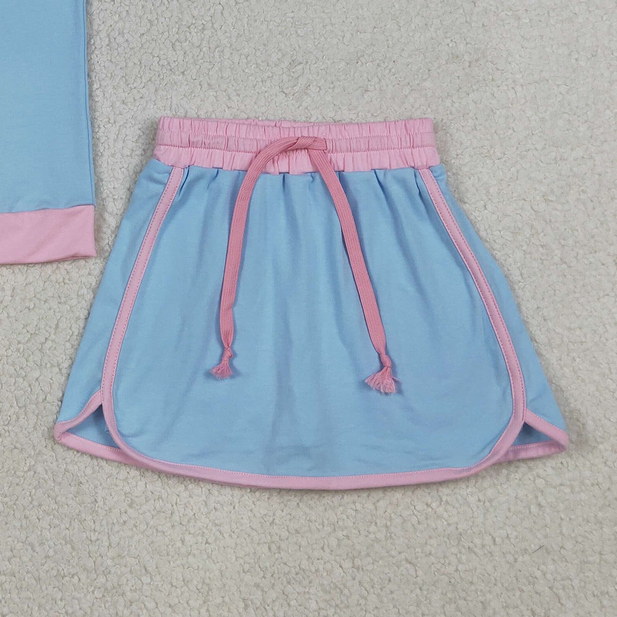 RTS NO MOQ GSD3671 Baby Girls Blue Cotton Short Sleeve Top Skirt Shorts Outfit Set