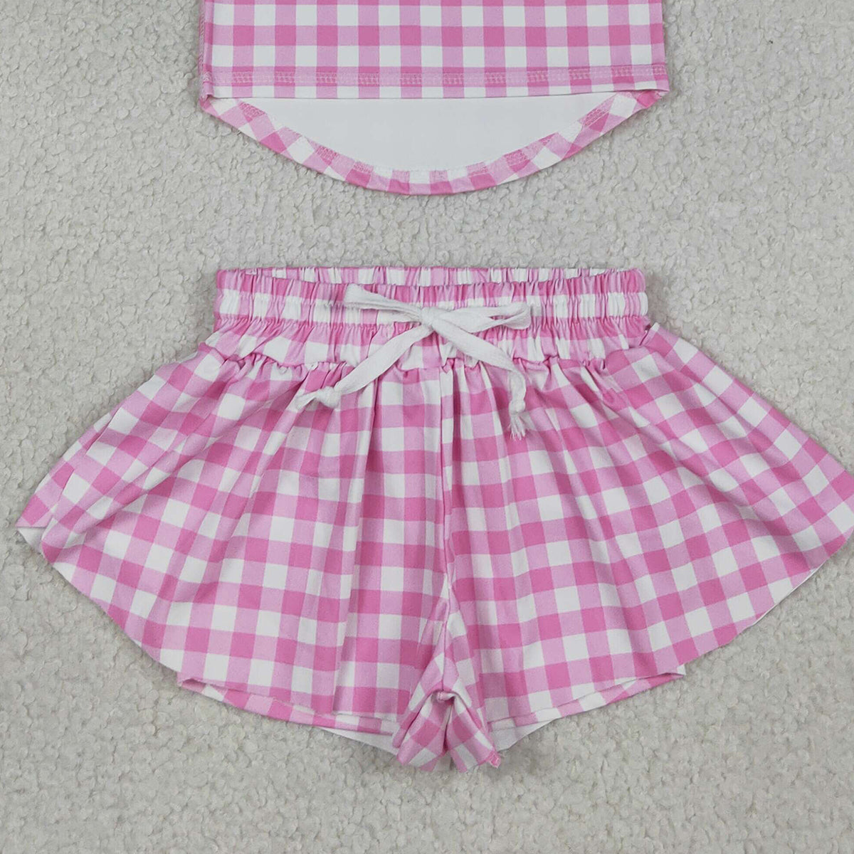 RTS NO MOQ GSSO3478 Baby Girls Pink Checked Vests Top with Butterfly Short Yoga Active Clothes Set for Kids