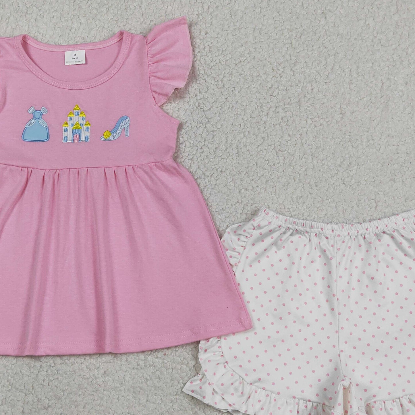 RTS NO MOQ GSSO1186 Cute Clothes Baby Girls Cute Embroidery Flutter Sleeve Tunic Short Set