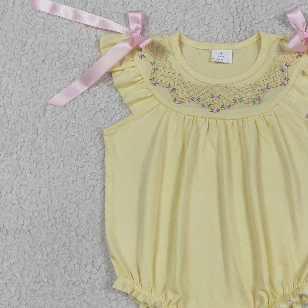 RTS NO MOQ SR3561 Embroidery Flowers Checked Baby Girls Bows Flutter Sleeve Ruffle Rompers