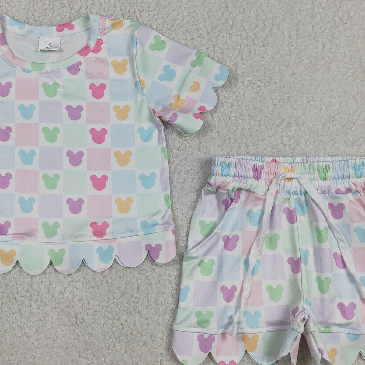 RTS NO MOQ GSSO3496 Cute Clothes Baby Girls Checked Top And Short Scallop Outfit Set Cute Animal Print Clothing