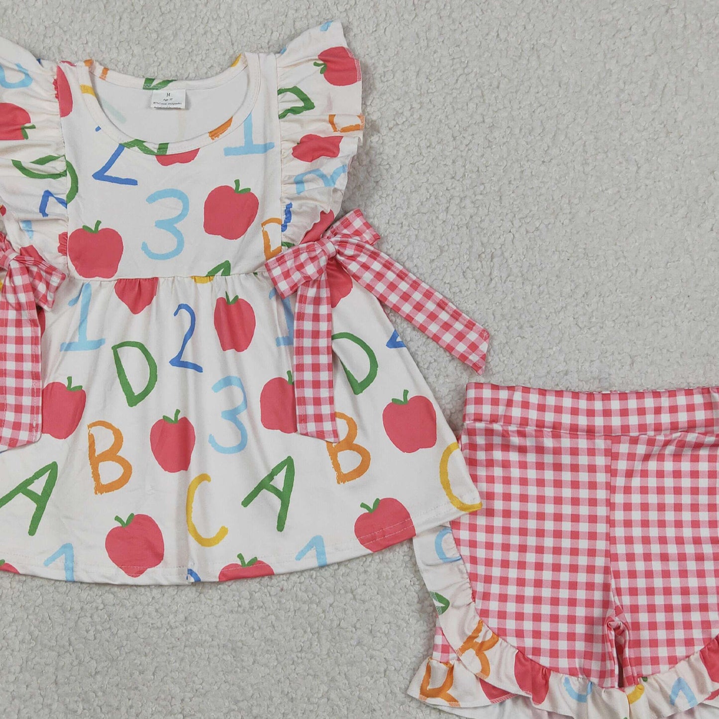 RTS NO MOQ GSSO3258 Infant Girls Cute Apple ABC Tunic Ruffle Short Back To School Clothes Set （2T-14-16T）