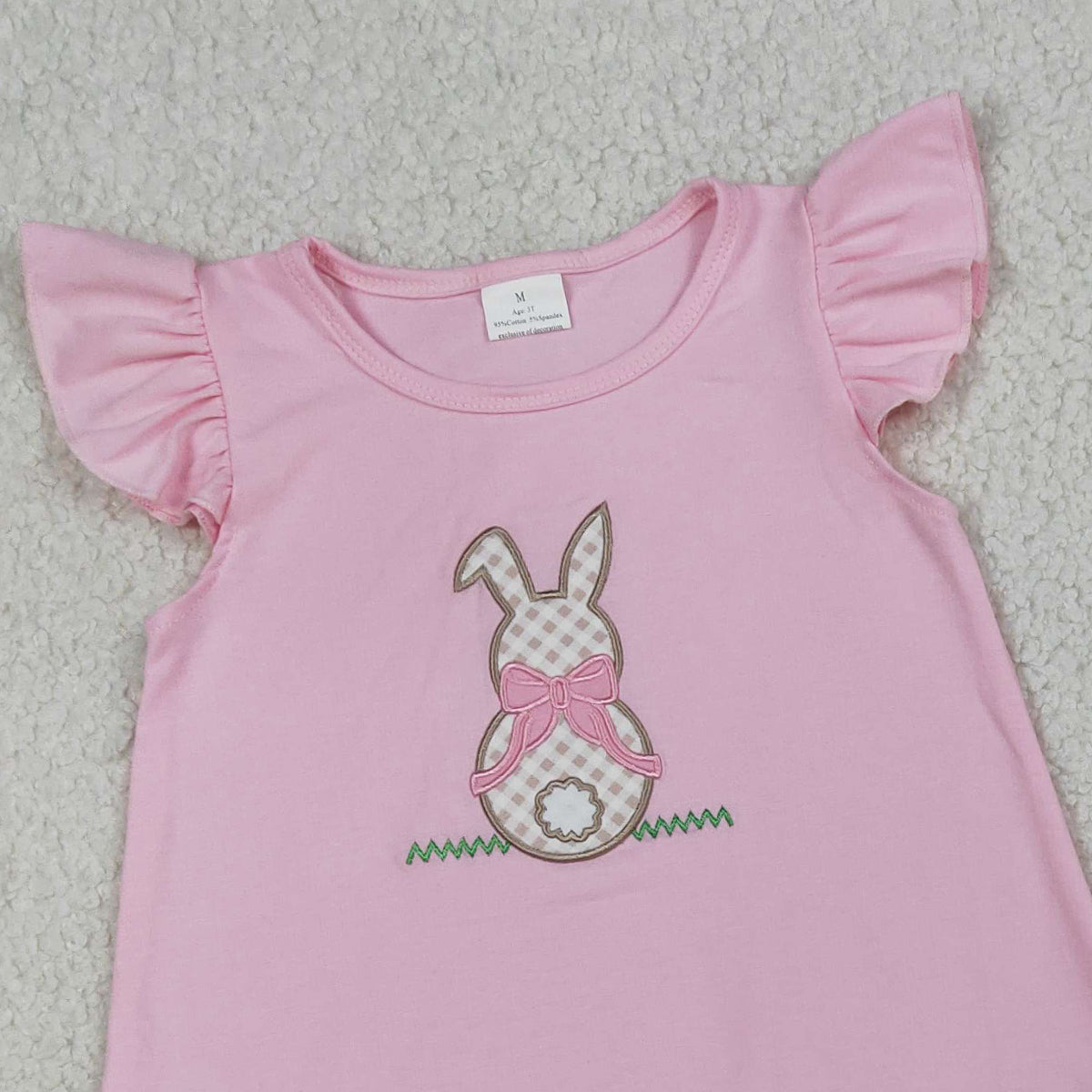 RTS NO MOQ GSSO0374 Baby Girls Pink Embroidery Rabbit Tunic with Checked Ruffle Shorts Outfit Set