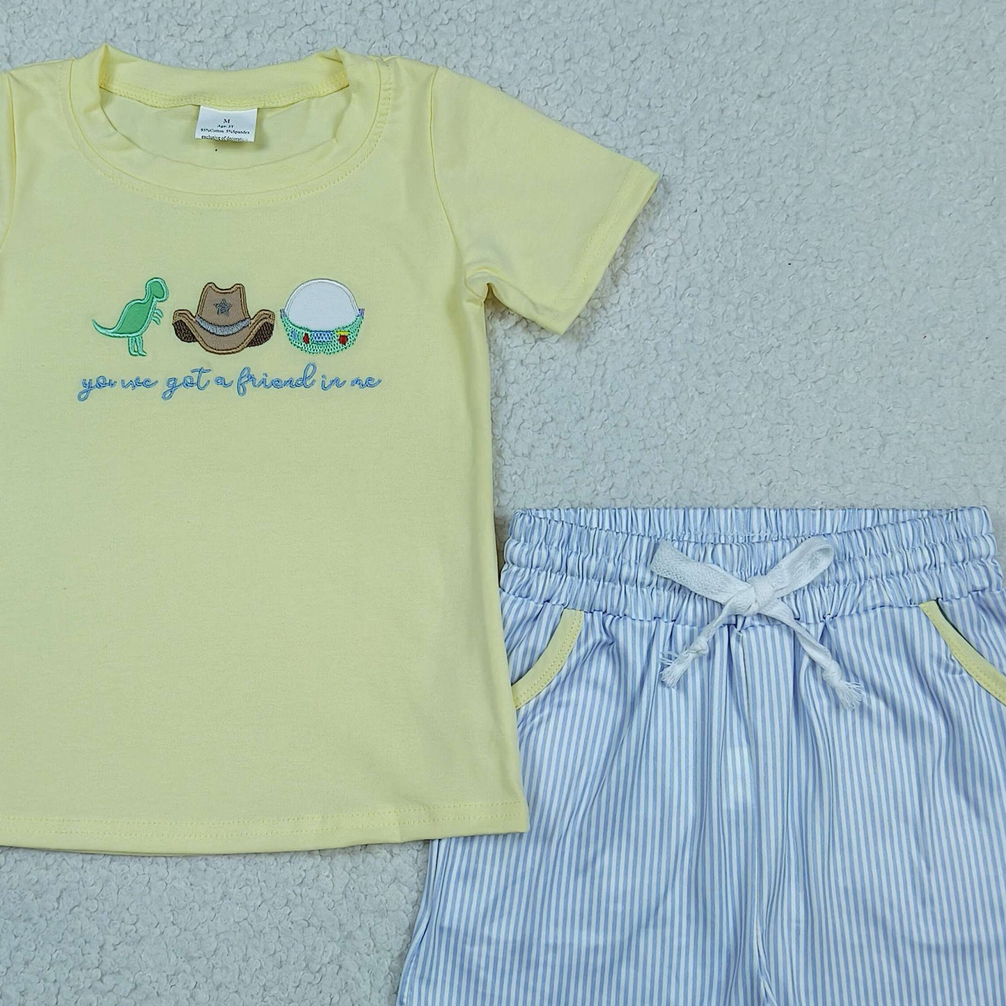 RTS NO MOQ BSSO1968 Baby Boys Dinosaur Embroidery Hat Set Pocket Top Stripe Short Outfit