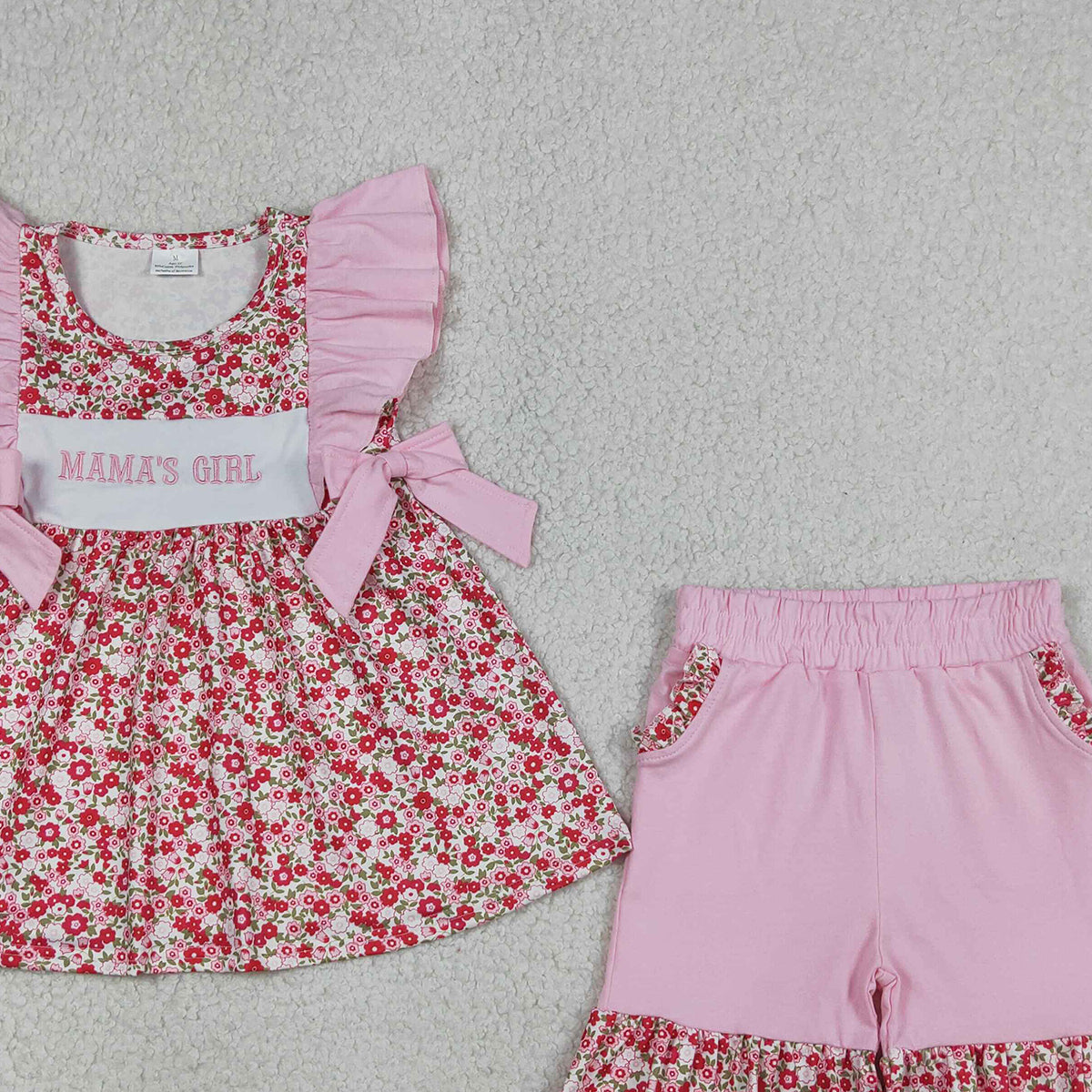 RTS NO MOQ GSSO3131 Baby Girls Embroidery Mama's Girls Flowers Tunic with Pockets Ruffle Shorts Outfit Set