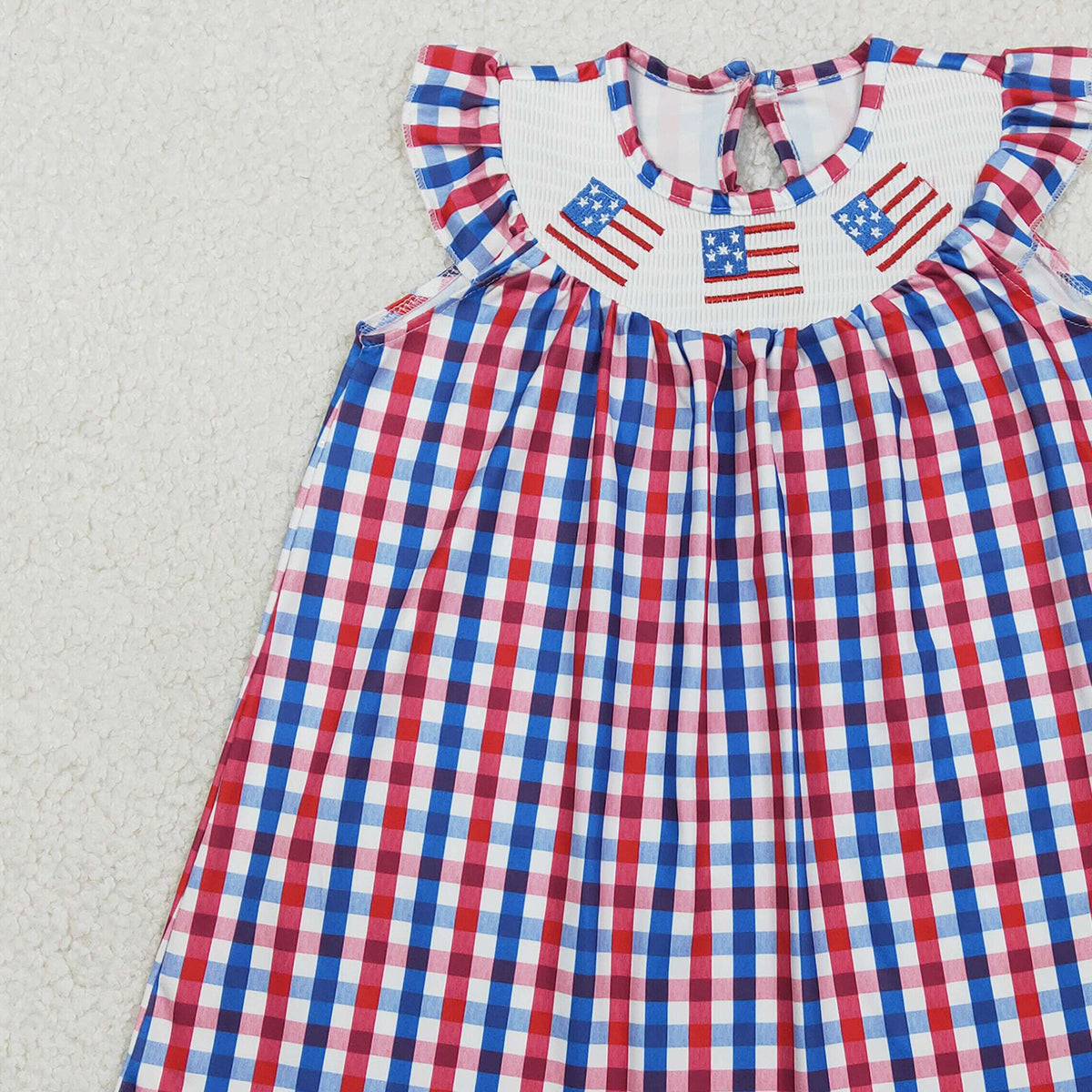 RTS NO MOQ GSD3506 Baby Girls Knee-Length Smocked Dress Red Blue Checked 4th of July Flags Patterned Clothing for Infants