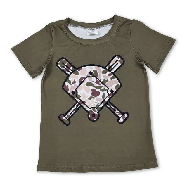 RTS NO MOQ Sibling Baby Boys Short Sleeve Camo Baseballs Team T-shirts Top