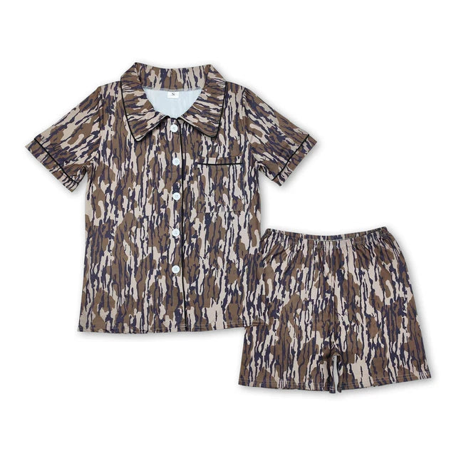RTS NO MOQ Sibling Sibling Adult Women Camo Button Pockets Top Shorts Pajamas Set