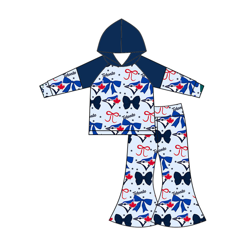 Custom moq 5 mix size milk silk summer teams baby girls clothes team bow blue long sleeve hooded pants sets and dress 1 and dress 2 and top-25.6.17