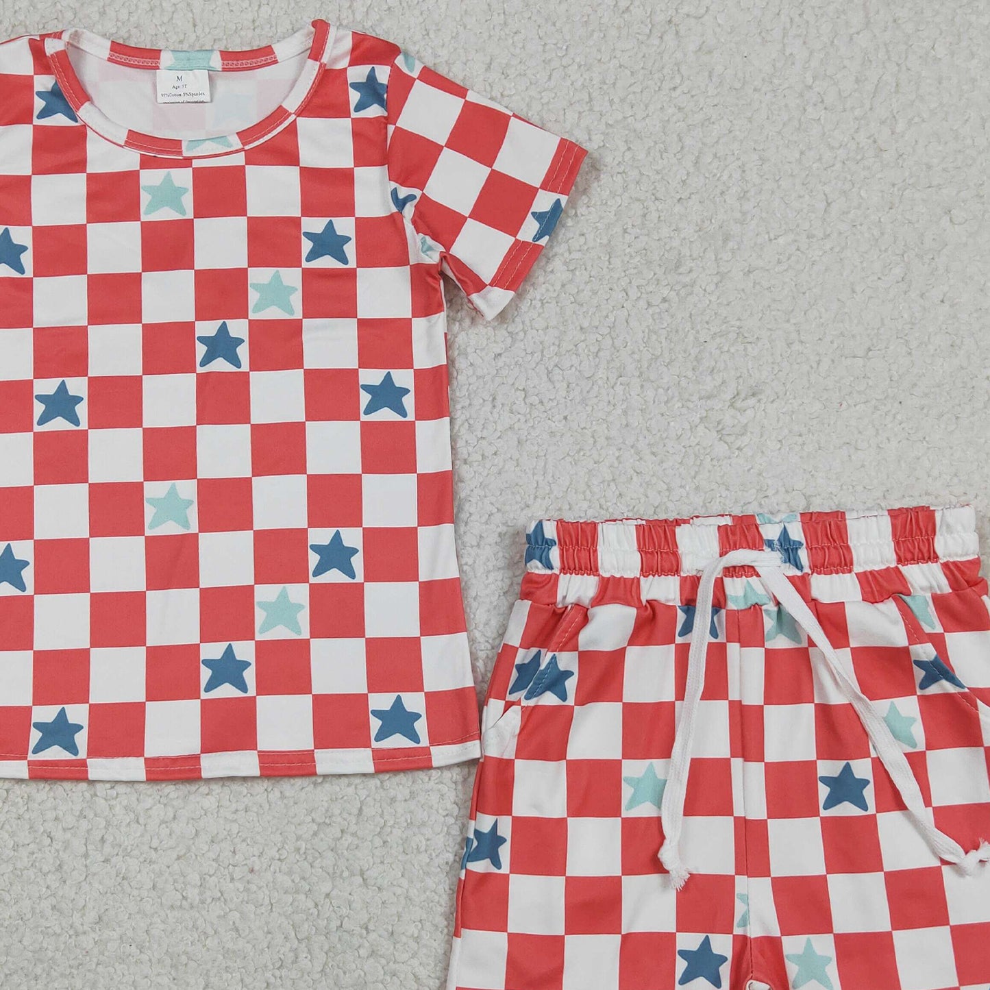 RTS NO MOQ milk silk GSSO3293 Baby Girls Red Checked Stars Top Pockets Ruffle Shorts 4th of July Clothes Sets