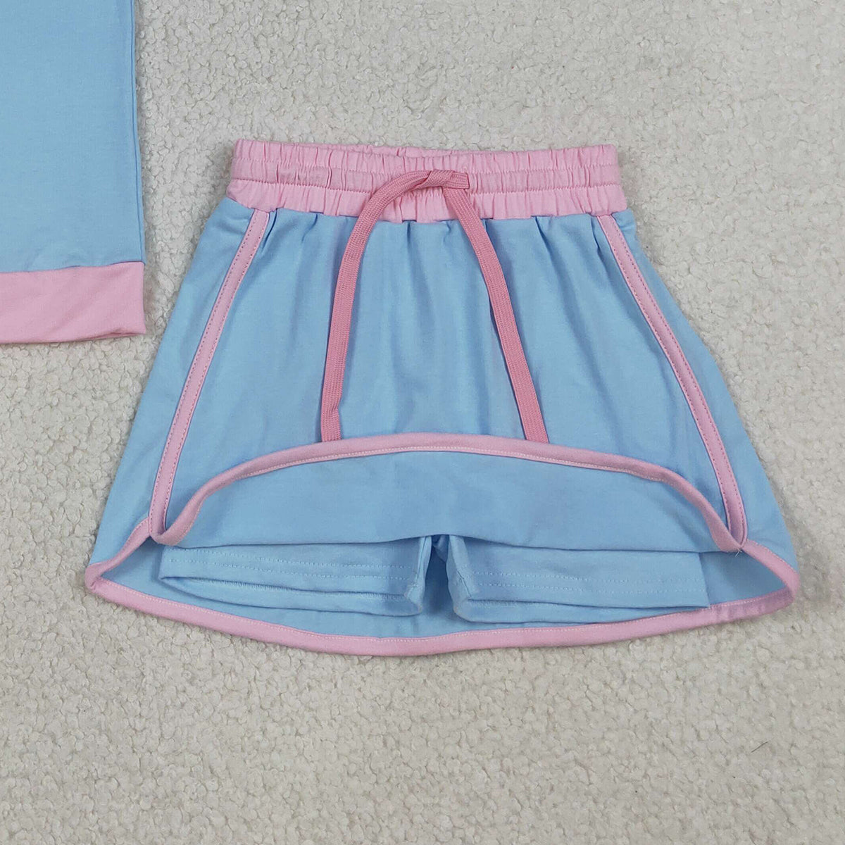 RTS NO MOQ GSD3671 Baby Girls Blue Cotton Short Sleeve Top Skirt Shorts Outfit Set