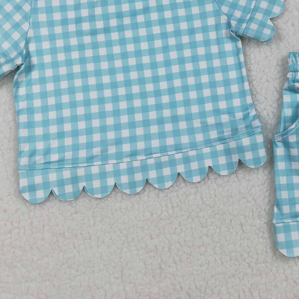 RTS NO MOQ GSSO3190 Baby Girls Blue Checked Shirt Top with Scallop Trim And Short Sleeve Matching Shorts Outfit Set