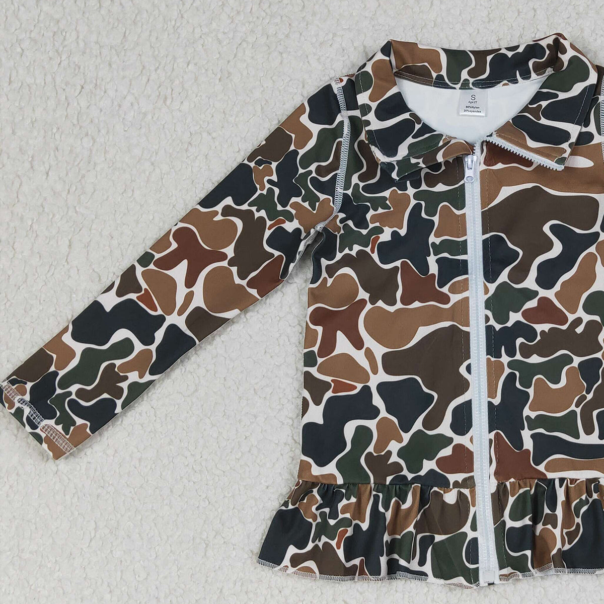 RTS NO MOQ GT1315 Baby Girls Dark Brown Camo Yoga Active Zip Ruffle Jacket Top for Girls