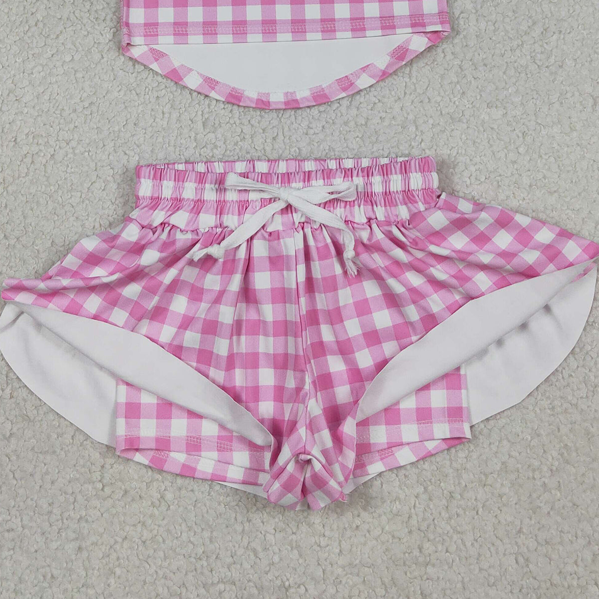 RTS NO MOQ GSSO3478 Baby Girls Pink Checked Vests Top with Butterfly Short Yoga Active Clothes Set for Kids