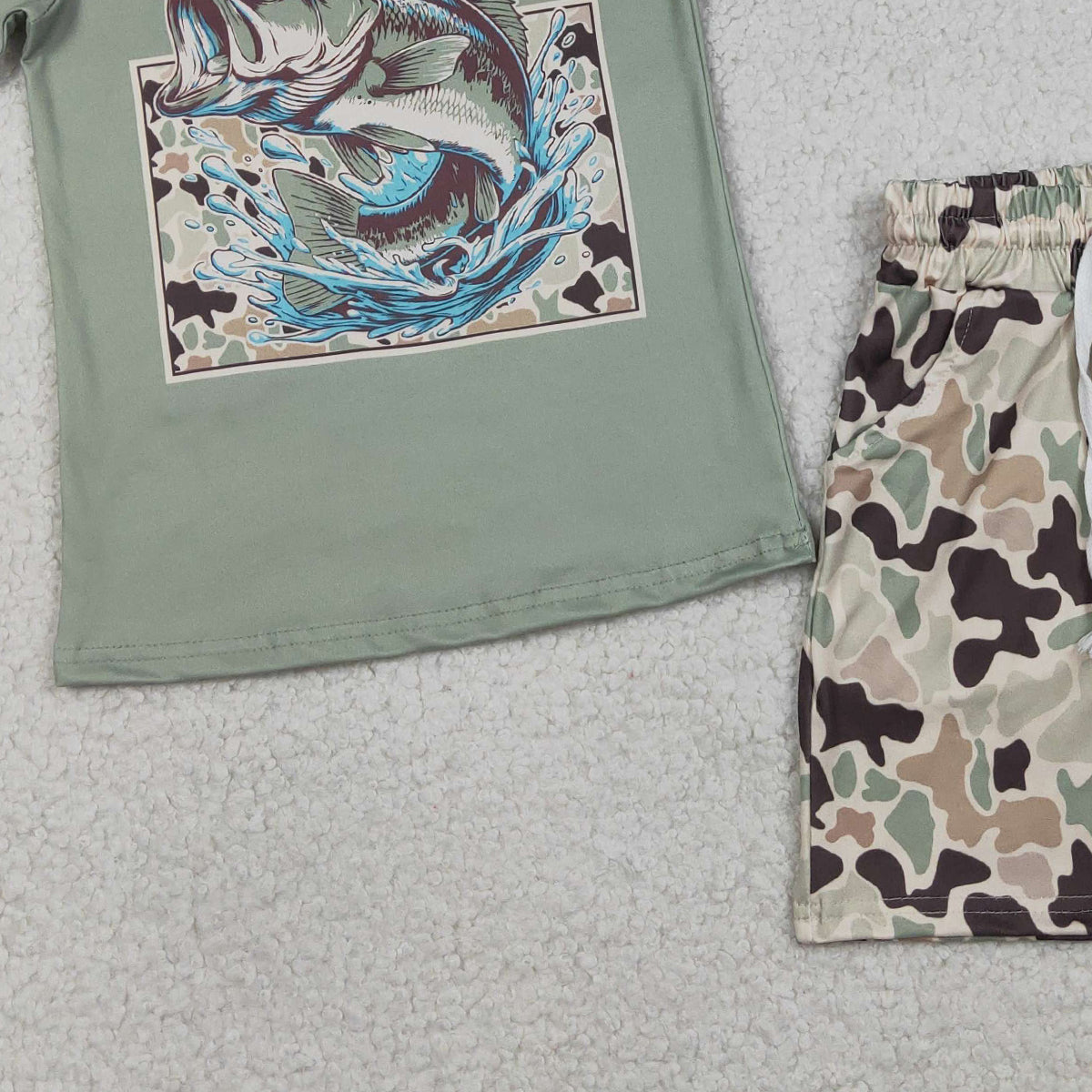RTS NO MOQ BSSO1835 Baby Boys Green Camo Fishing Top with Pockets Shorts 2-Piece Clothing Set