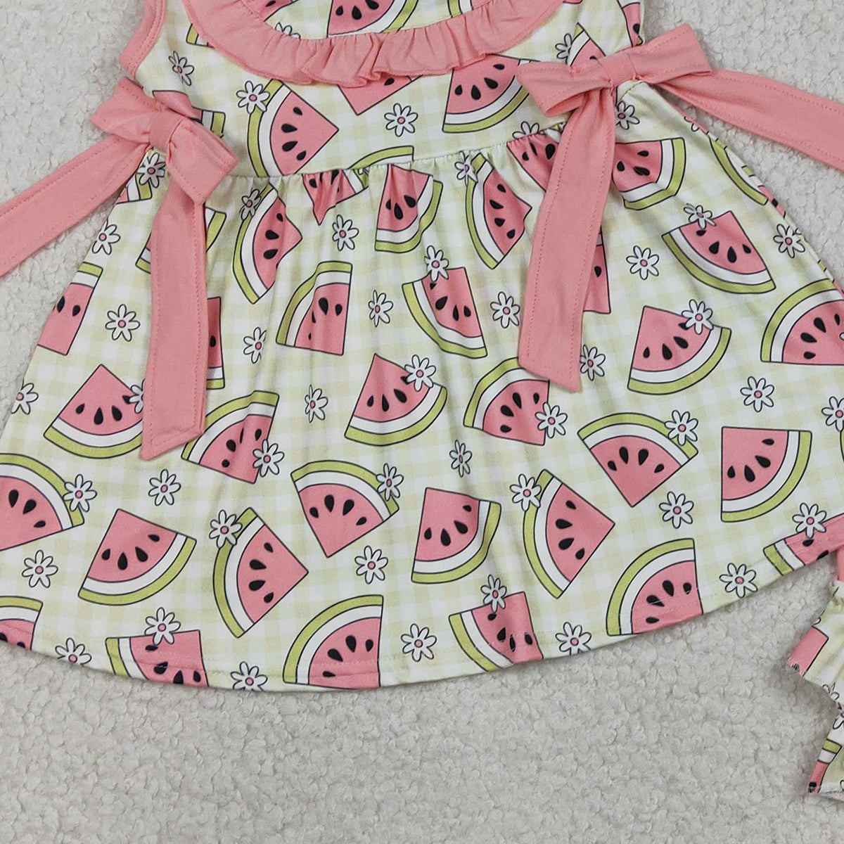 RTS NO MOQ GSSO3118  Baby Girls Green Tunic Ruffle Shorts Outfit with Checked Flowers Watermelons Print Cute Baby Girl Clothing Set