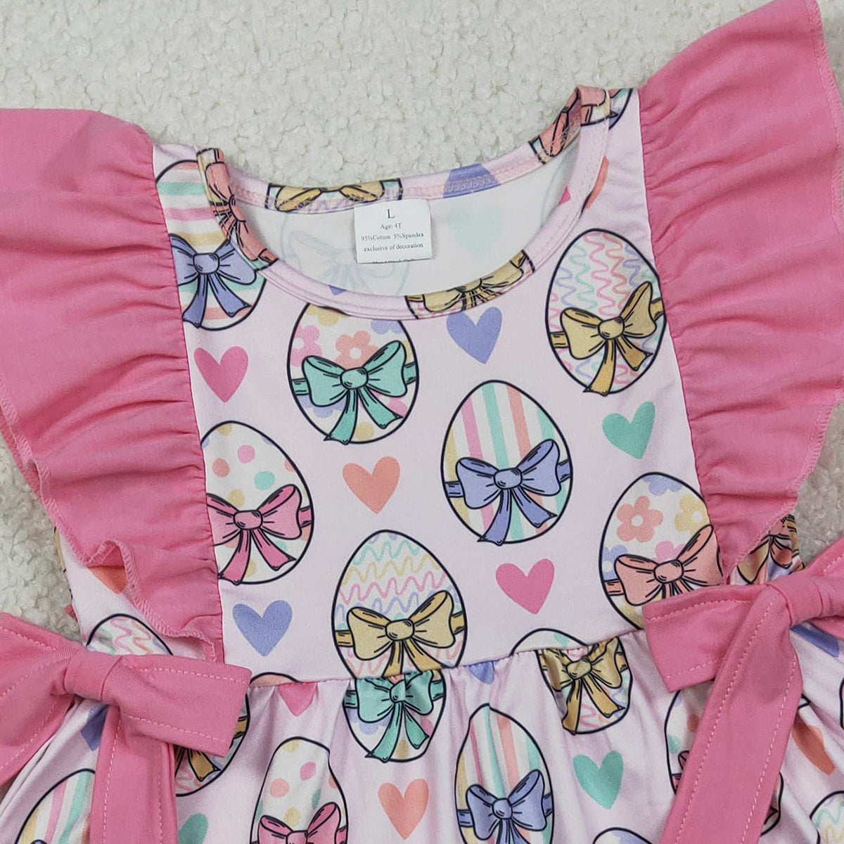 RTS NO MOQ GSD3537 Baby Girls Easter Knee-Length Dress with Flutter Sleeves Colorful Heart Eggs Design for Spring Fashionable Kids' Clothing