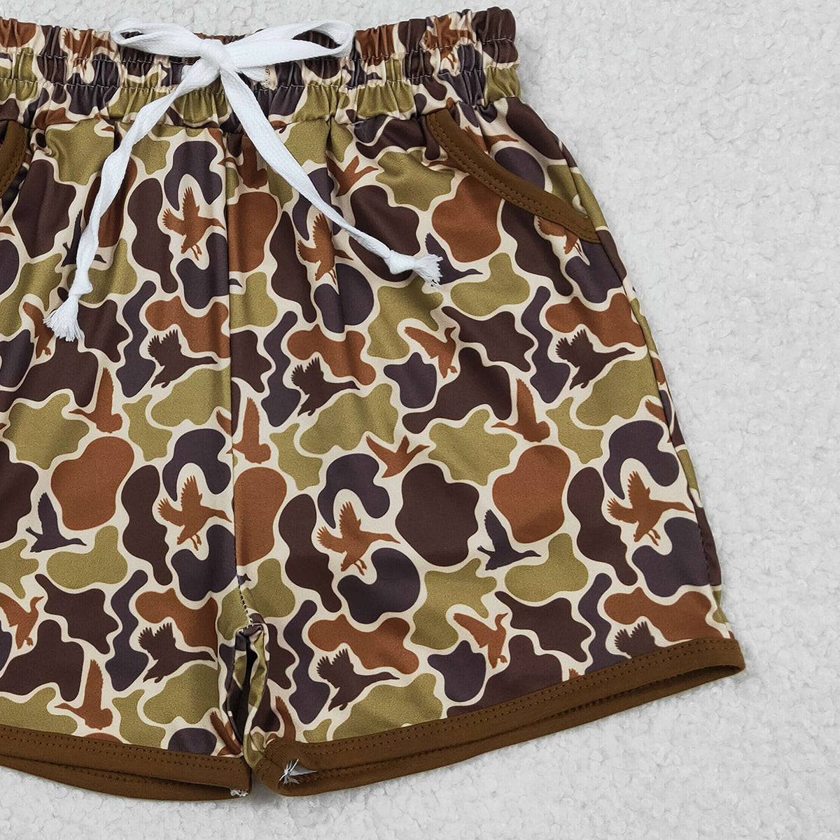 RTS NO MOQ SS0673 Baby Boys Olive Brown Ducks Camouflage Hunting Shorts with Pockets Bottom