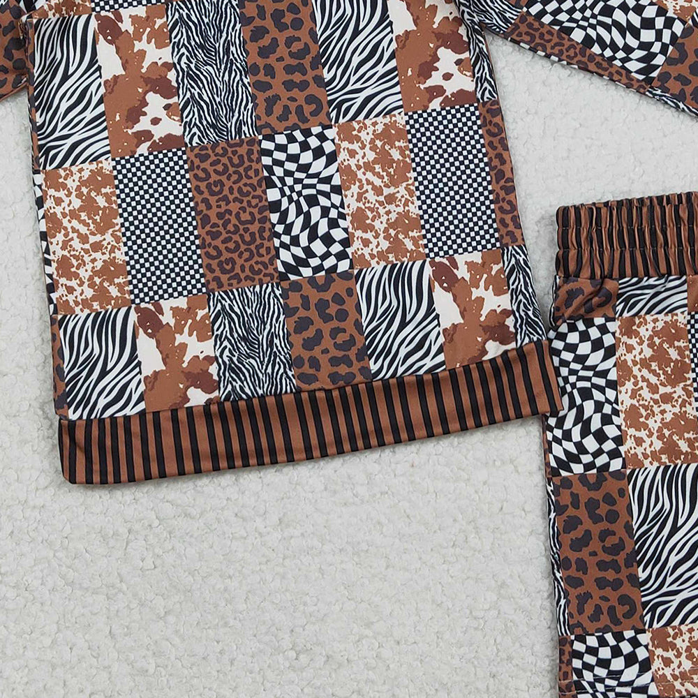 RTS NO MOQ GLS0079 Baby Girls Western Style Clothes Set Leopard Cow Print Checked Top with Shorts Cute Animal Pattern Outfit for Infants