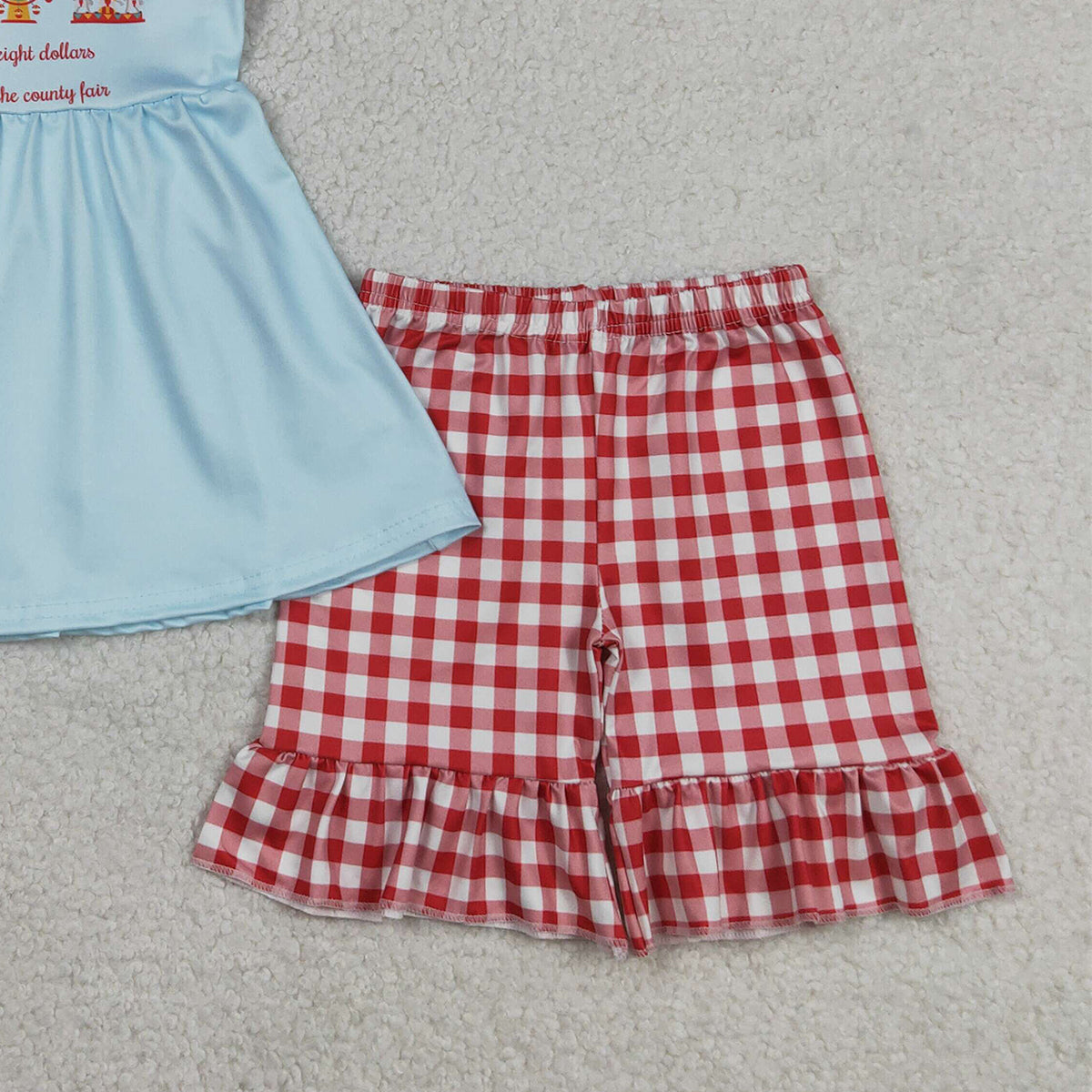 RTS NO MOQ GSSO2544 Baby Girls Red Checked Sleeveless Tunic with Ruffle Short Clothes Set Cute Baby Outfit for Girls