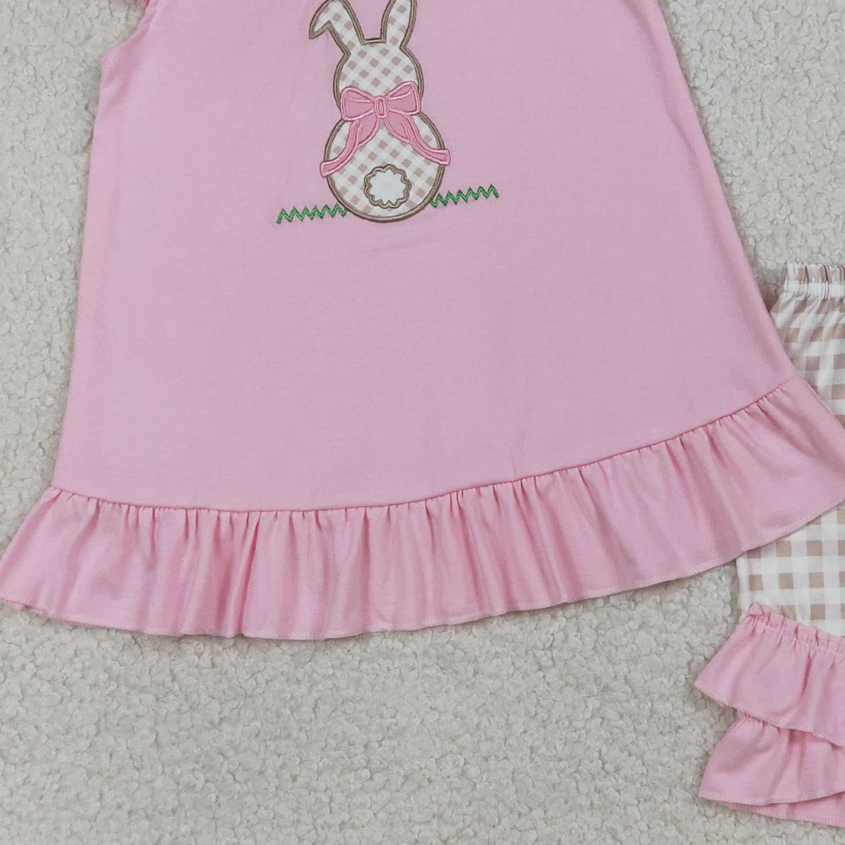 RTS NO MOQ GSSO0374 Baby Girls Pink Embroidery Rabbit Tunic with Checked Ruffle Shorts Outfit Set
