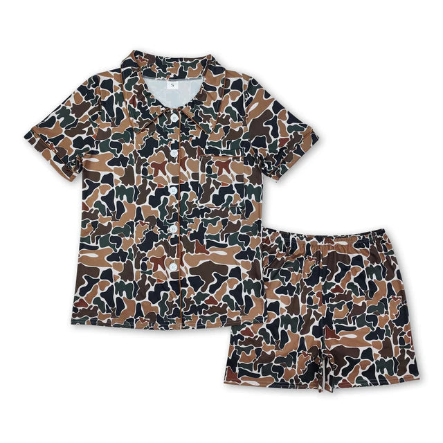 RTS NO MOQ Sibling Sibling Adult Women Camo Button Pockets Top Shorts Pajamas Set
