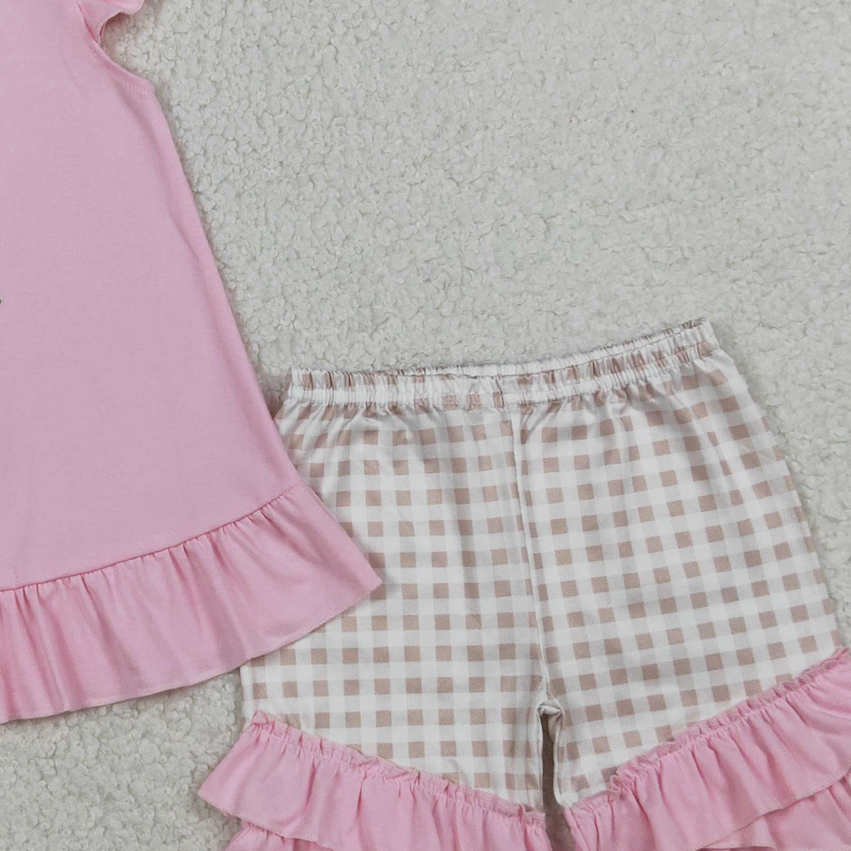 RTS NO MOQ GSSO0374 Baby Girls Pink Embroidery Rabbit Tunic with Checked Ruffle Shorts Outfit Set