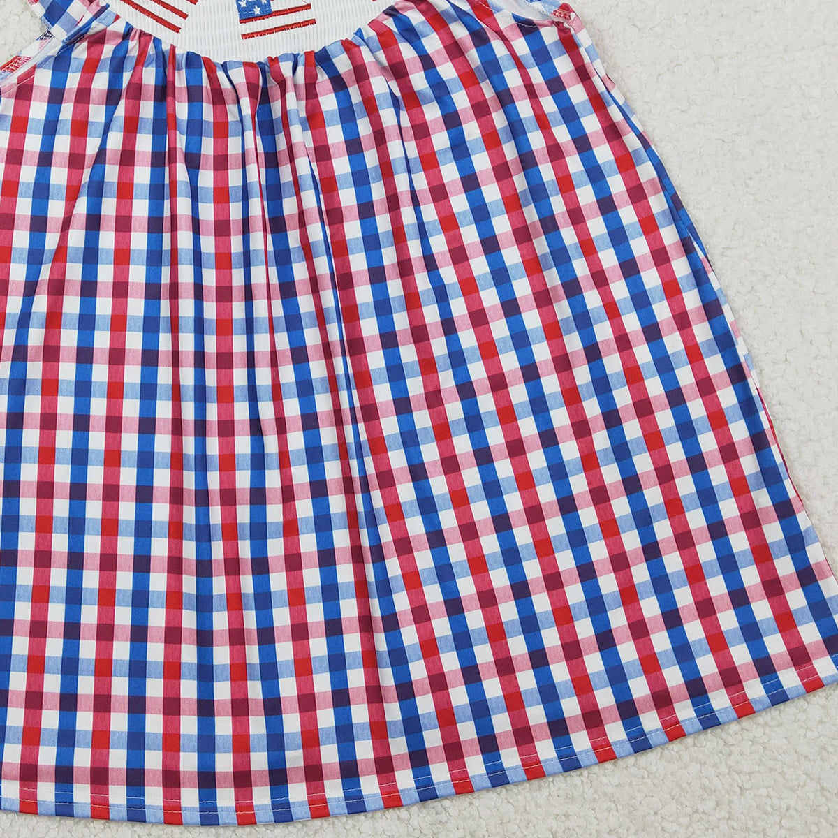 RTS NO MOQ GSD3506 Baby Girls Knee-Length Smocked Dress Red Blue Checked 4th of July Flags Patterned Clothing for Infants