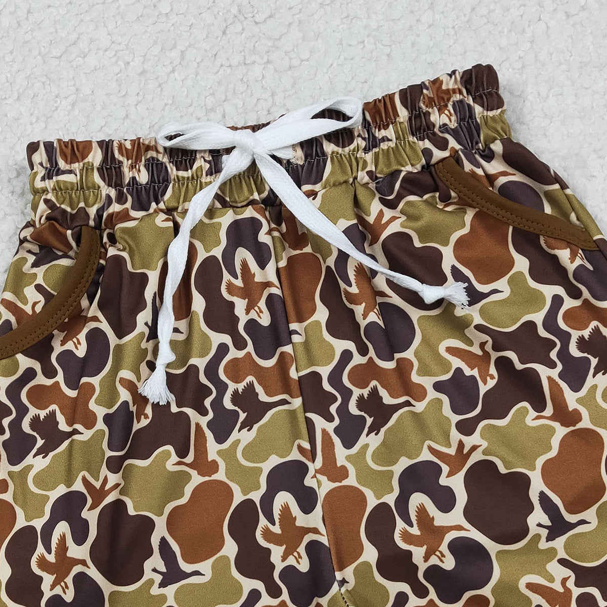 RTS NO MOQ SS0673 Baby Boys Olive Brown Ducks Camouflage Hunting Shorts with Pockets Bottom