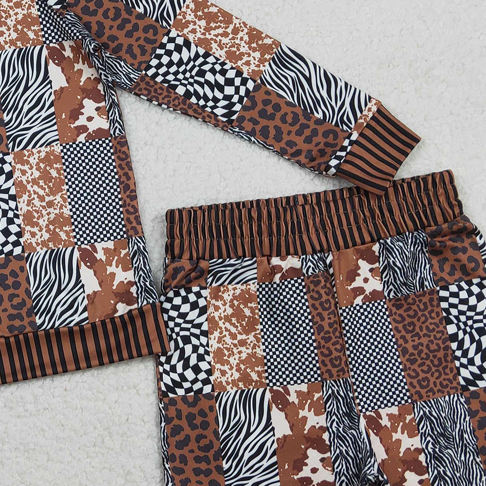 RTS NO MOQ GLS0079 Baby Girls Western Style Clothes Set Leopard Cow Print Checked Top with Shorts Cute Animal Pattern Outfit for Infants
