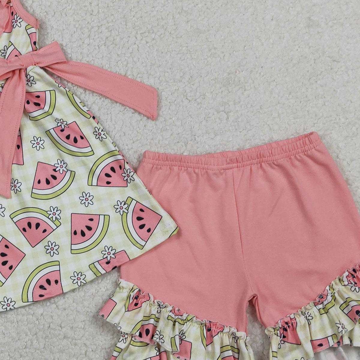 RTS NO MOQ GSSO3118  Baby Girls Green Tunic Ruffle Shorts Outfit with Checked Flowers Watermelons Print Cute Baby Girl Clothing Set