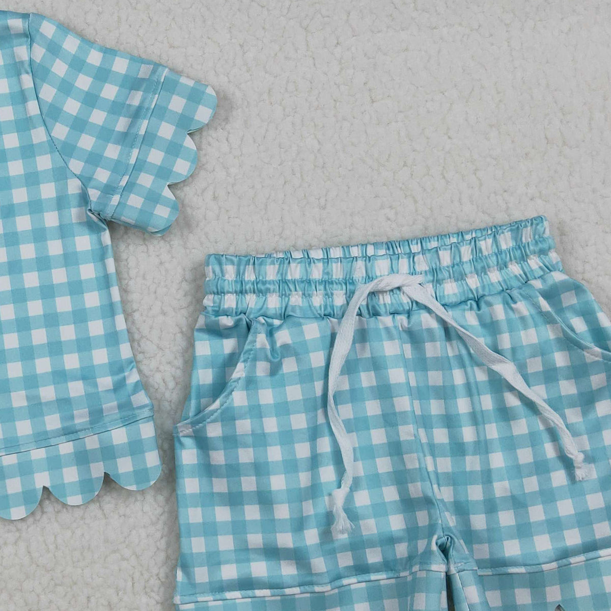 RTS NO MOQ GSSO3190 Baby Girls Blue Checked Shirt Top with Scallop Trim And Short Sleeve Matching Shorts Outfit Set