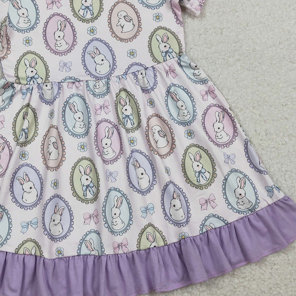 RTS NO MOQ GSD2863 Baby Girls Easter Ruffle Knee-Length Dresses with Bows And Rabbits