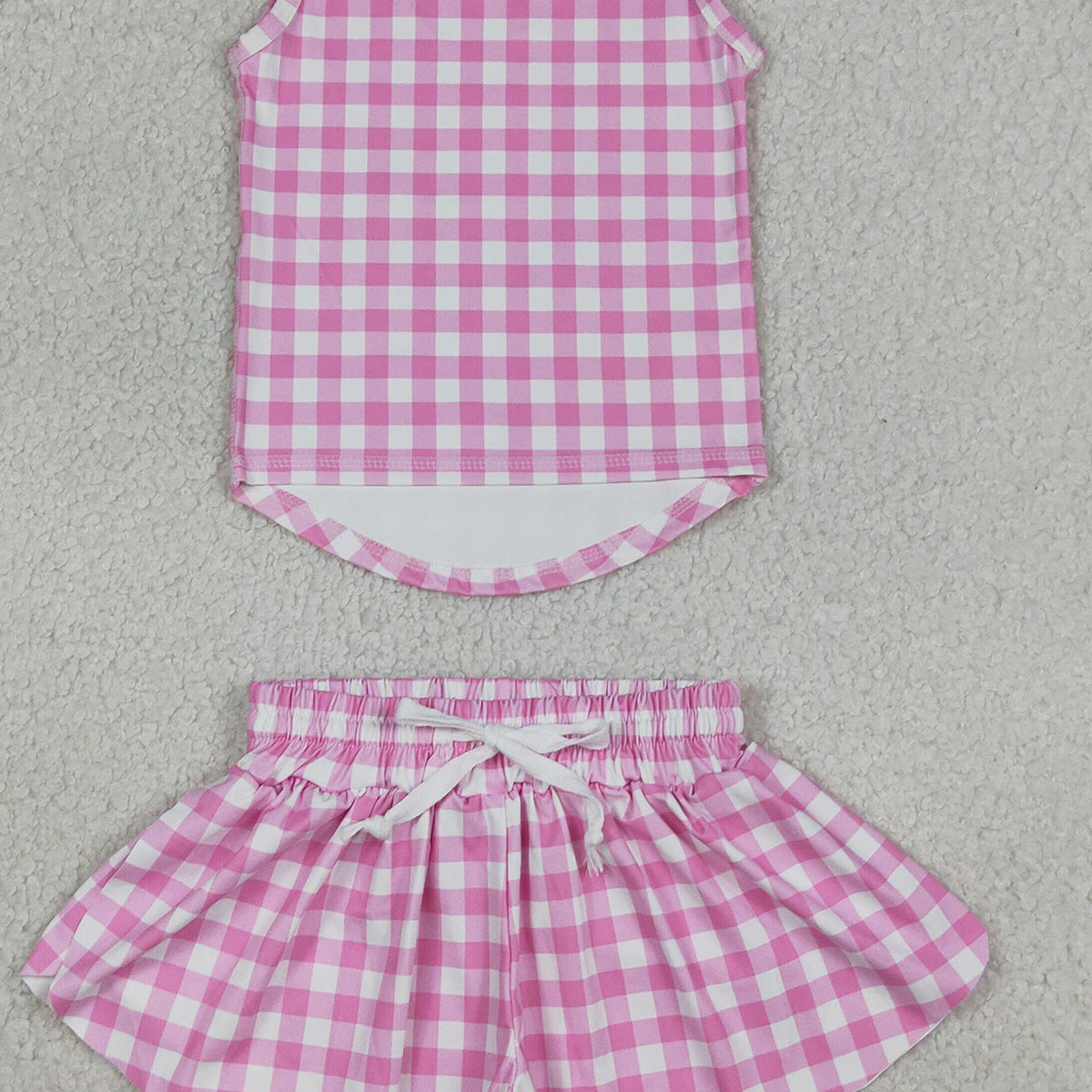 RTS NO MOQ GSSO3478 Baby Girls Pink Checked Vests Top with Butterfly Short Yoga Active Clothes Set for Kids