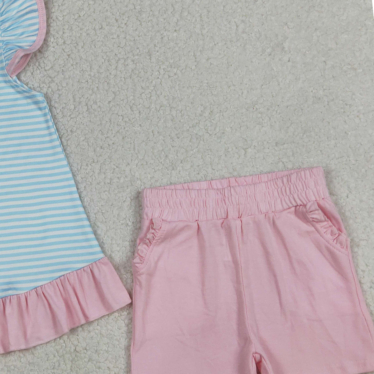 RTS NO MOQ GSSO3109 Baby Girls Blue Stripe Tunic And Shorts Set with Pockets Embroidery for Little Girls