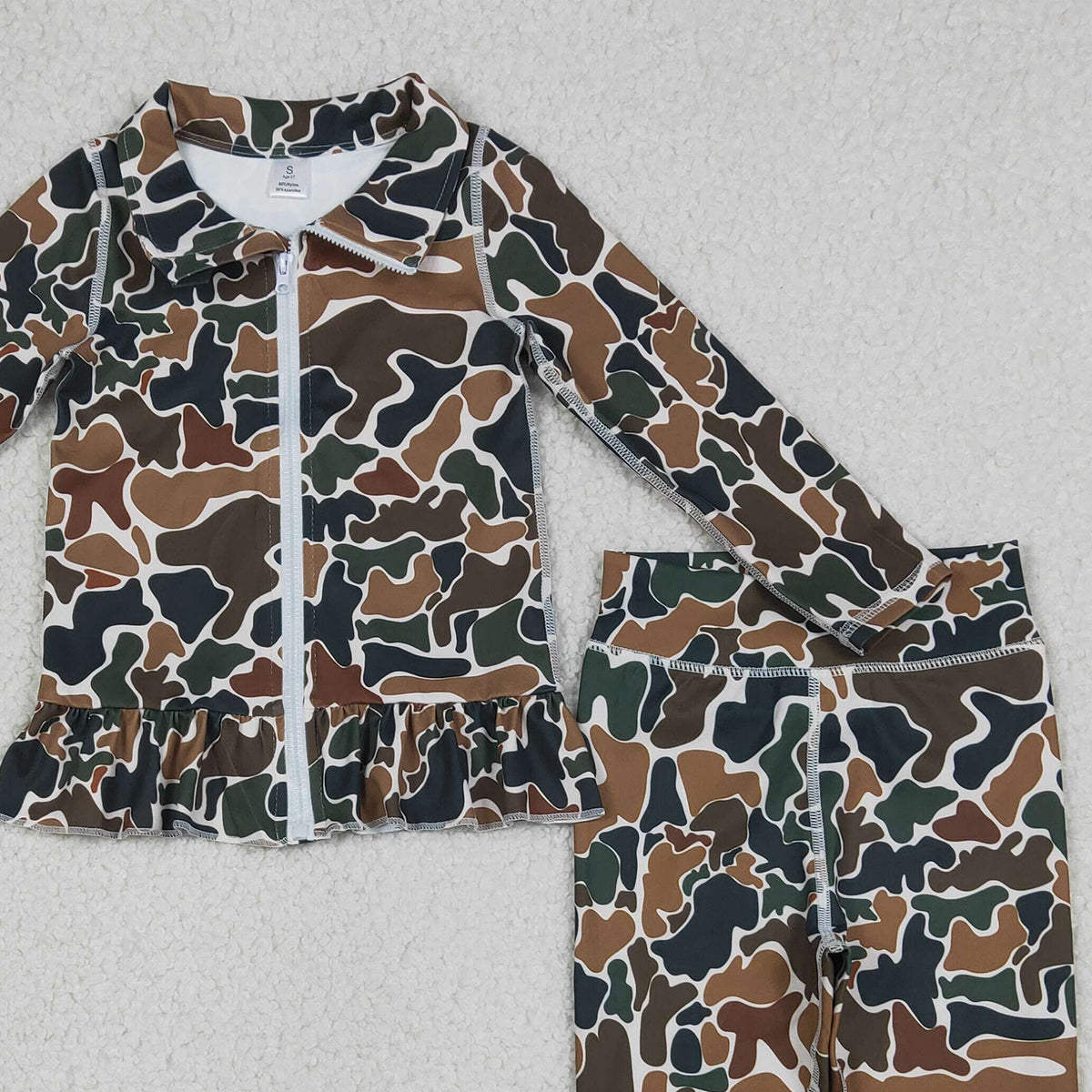 RTS NO MOQ GT1315+P0690 Baby Girls Dark Brown Camo Ruffle Zip Jacket And Leggings Set Active Yoga Clothes Outfit for Toddlers