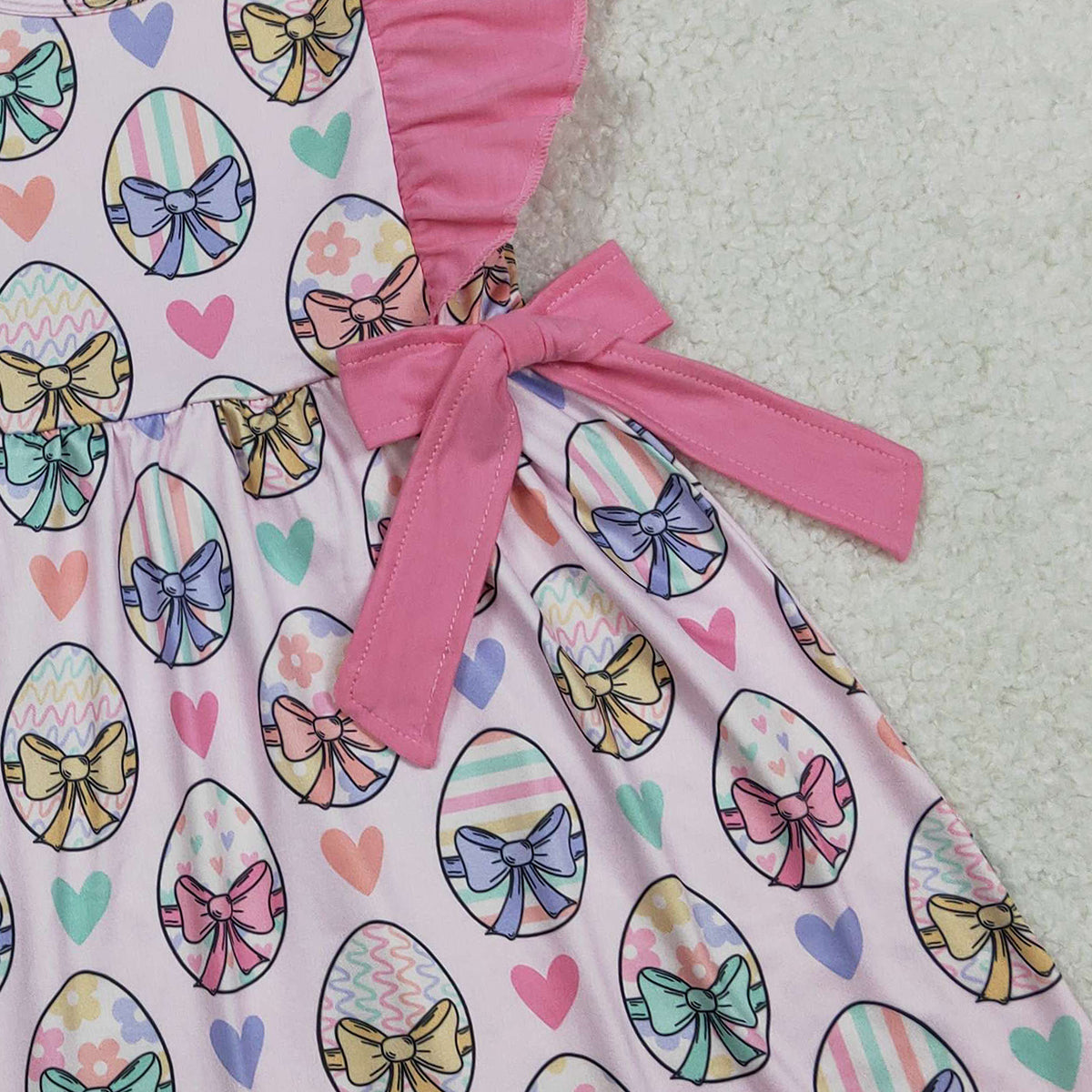 RTS NO MOQ GSD3537 Baby Girls Easter Knee-Length Dress with Flutter Sleeves Colorful Heart Eggs Design for Spring Fashionable Kids' Clothing