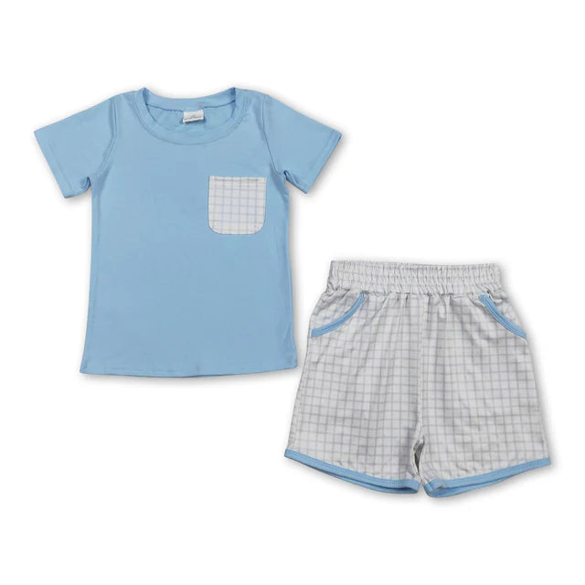 RTS NO MOQ Sibling Baby Boys Blue Short Sleeve Shirts Top Checked Pockets Shorts Clothes Sets