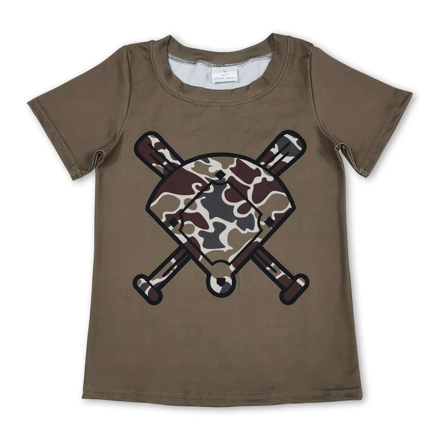 RTS NO MOQ Sibling Baby Boys Short Sleeve Camo Baseballs Team T-shirts Top