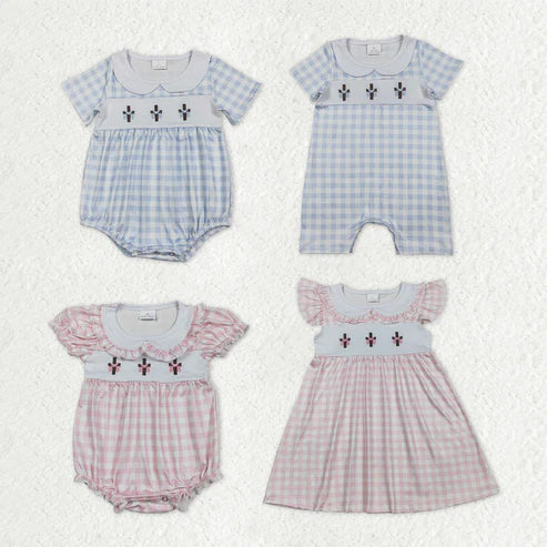 RTS NO MOQ Sibling Baby Kids Knee-Length Dress Rompers with Embroidery Crosses Easter Checked Collar for Boys And Girls