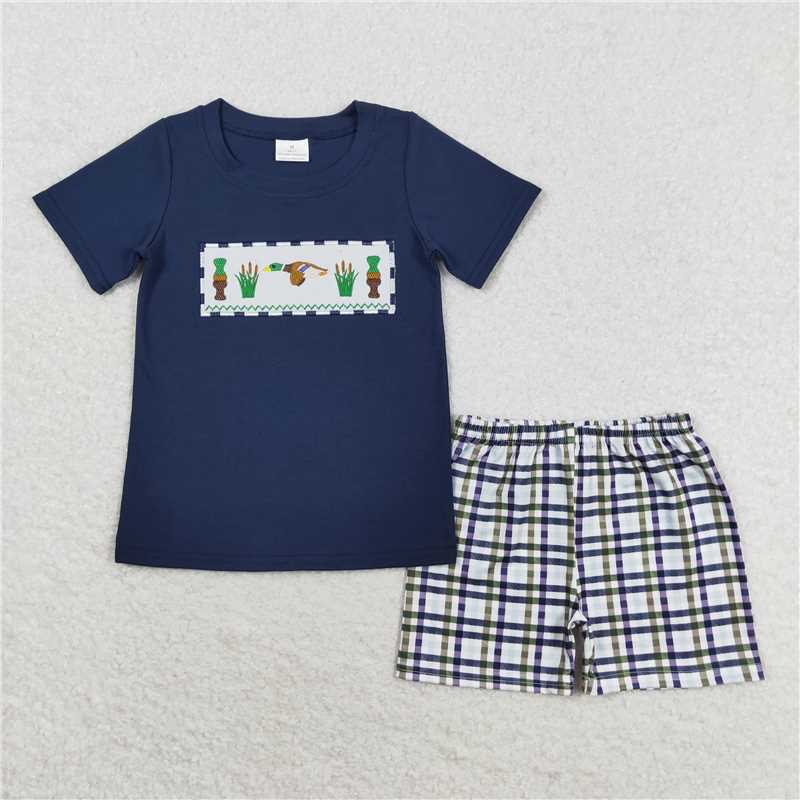 RTS NO MOQ Sibling Baby Boys Shirt Shorts Summer Embroidery duck Rompers Outfits Clothes Sets