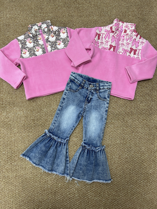 RTS NO MOQ Sibling Baby Boys Girls Long Sleeve Bows Camo Zipper Pullover Sherpa Tops DENIM SETS and top and jeans
