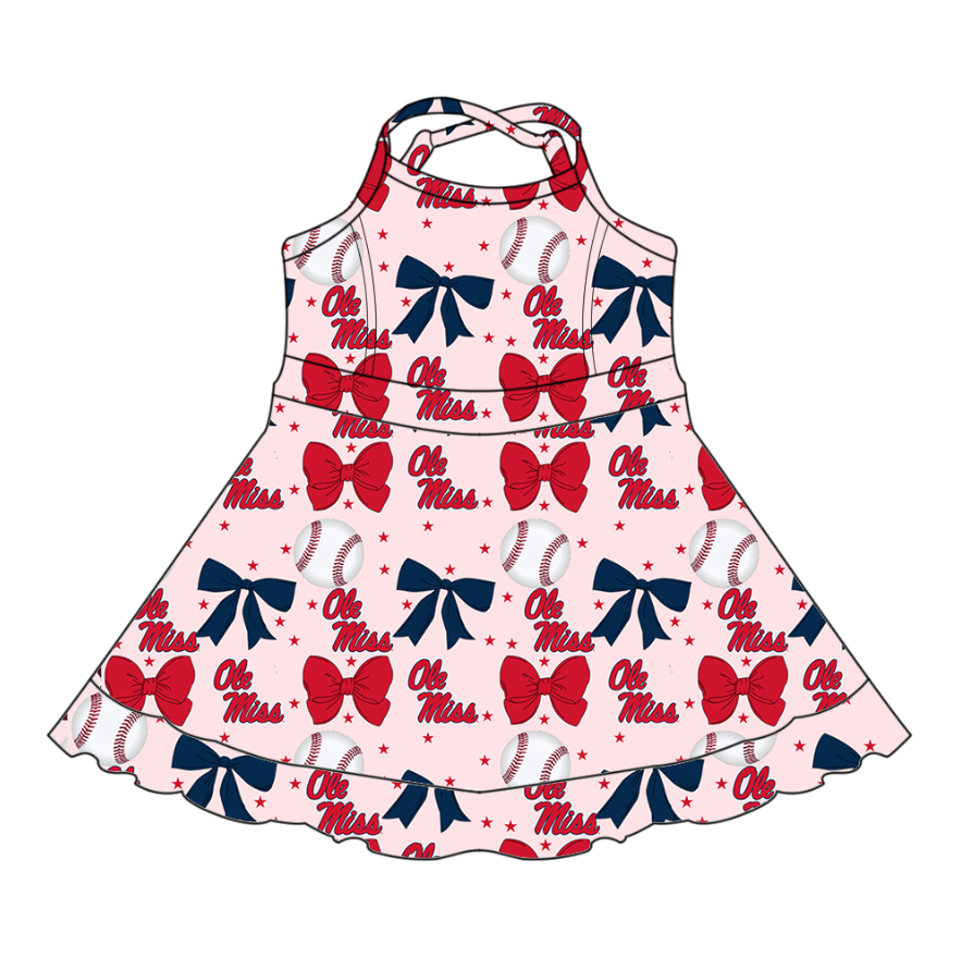 Custom moq 5 mix sizes summer teams baby girls clothes team baseball bow red short sleeve dress-25.6.13