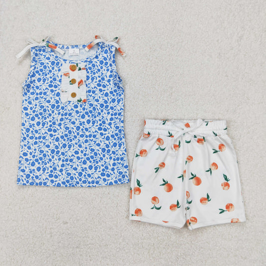 RTS NO MOQ ETA 5/7days Arrived GSSO2355 Blue flower floral button sleeveless peach shorts set