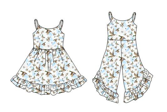 3.20 custom each style moq 5eta 4-6week Sibling Sister duck baby girl short sleeve dresses and jumpsuit match design