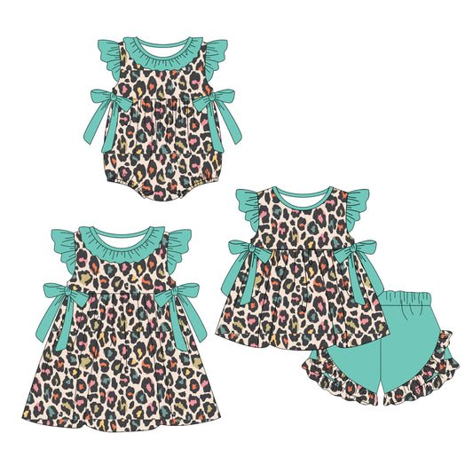 25.11.13 custom each style moq 5 eta 6-8week Sibling Sister leopard baby short sleeve shorts sets and romper and dress match design