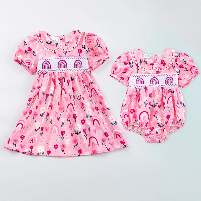 5.21custom each style moq 5eta 4-5week Sibling Sister rainbow flowers print pink girls and baby romper match family design